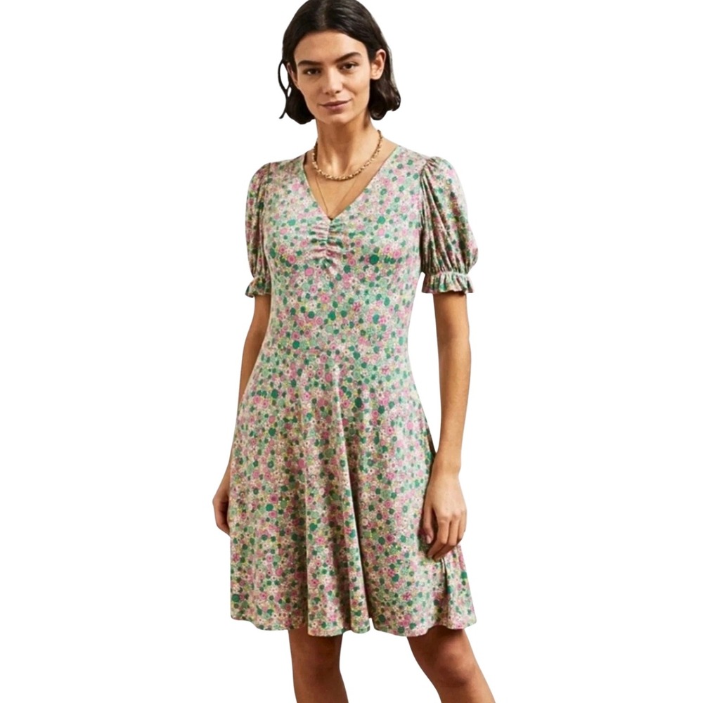 Boden Dress Womens 14R Pink Green Floral Jersey Knit Puff Sleeve‎ Pockets Retro